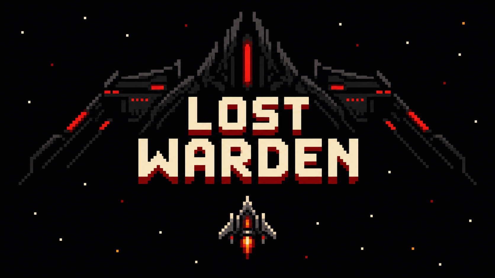 Écran titre en pixel art de Lost Warden, avec son vaisseau spatial.